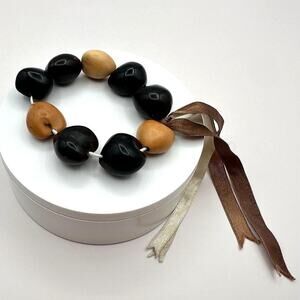 Vintage Y2K Black Tan Kukui Nut Beaded Ribbon Tie Bracelet Women's Jewelry Retro